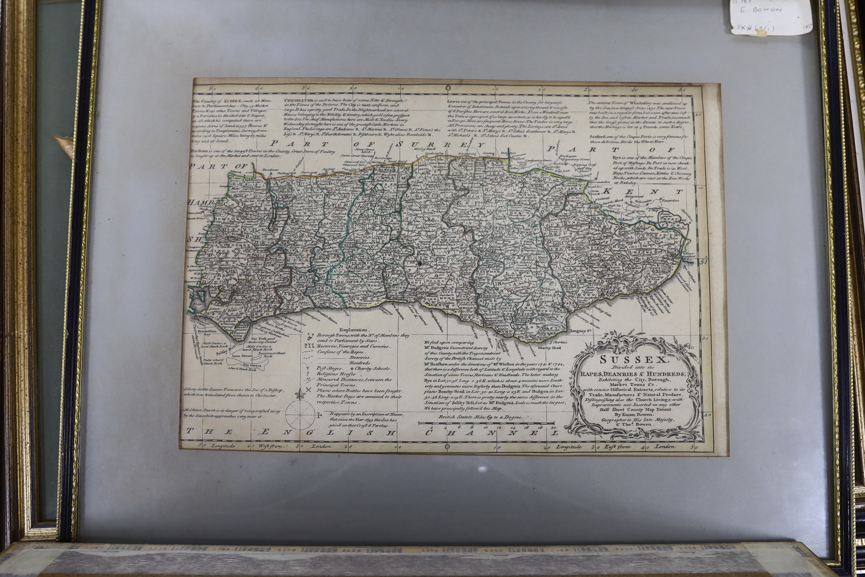 Five framed maps of Sussex, including four 18th century examples by Herman Moll, Johanes Norden, etc. largest 49 x 62cm